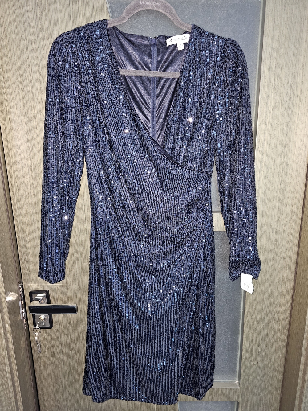Nanette Lepore Navy Blue Sparkling Sequin Wrap-Style Long Sleeve Dress Size 2